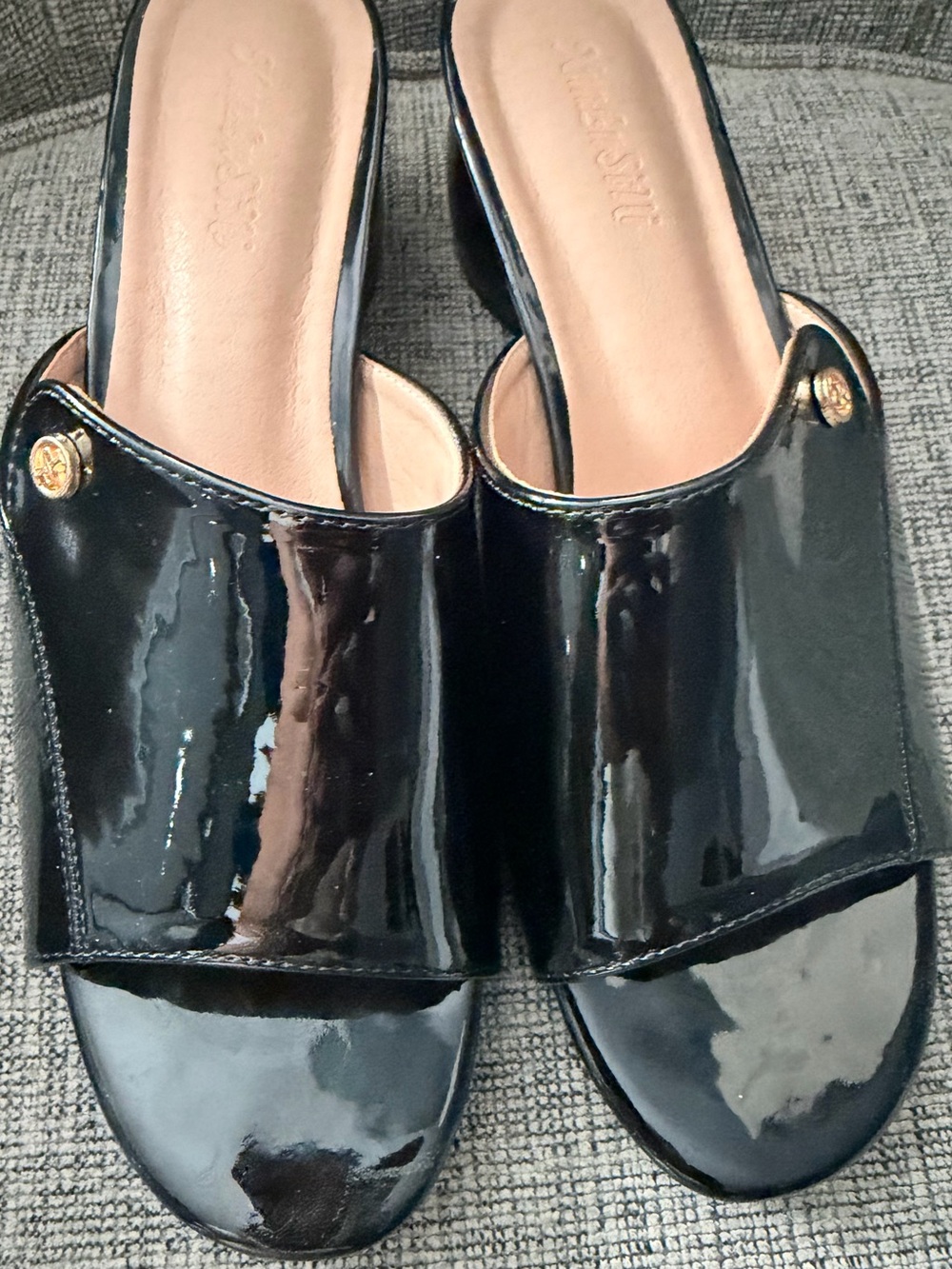 Patent Black Slide Mules with Gold Emblem